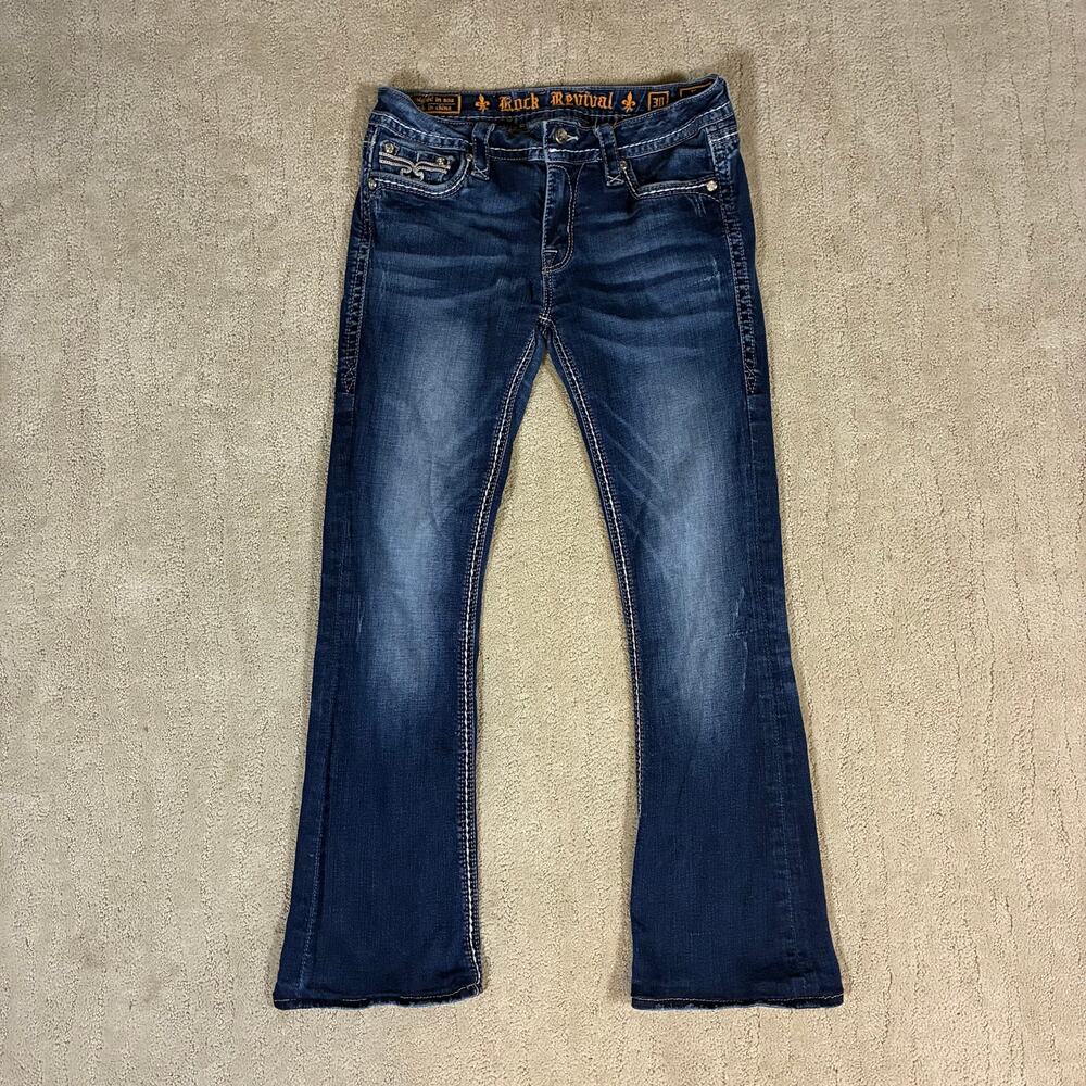 Rock Revival Women 30 Kai Bootcut Dark Wash Faded Western Jeans Y2K Bling